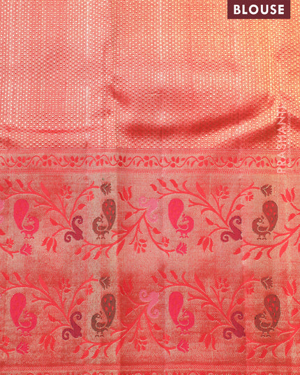 Gold-Red Pure Tissue Kanchipuram silk saree with zari weaves and long rich paithani style border