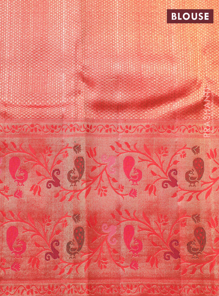 Gold-Red Pure Tissue Kanchipuram silk saree with zari weaves and long rich paithani style border