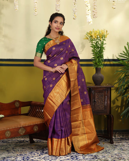 Purple-Orange Pure Kanchipuram Silk Saree With Allover zari checks & buttas and zari border
