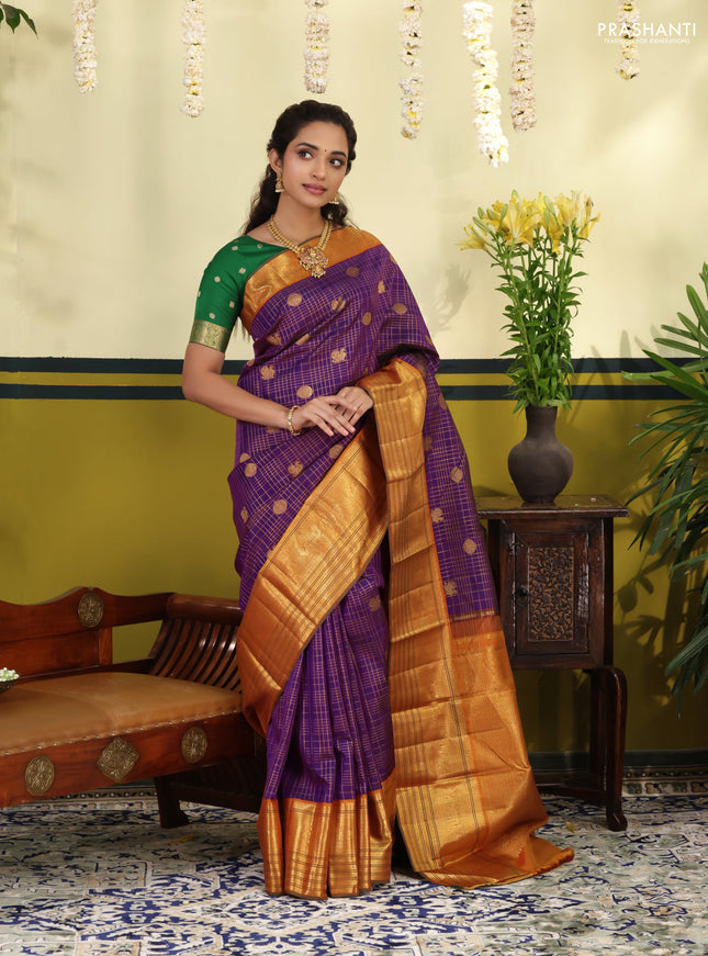 Purple-Orange Pure Kanchipuram Silk Saree With Allover zari checks & buttas and zari border