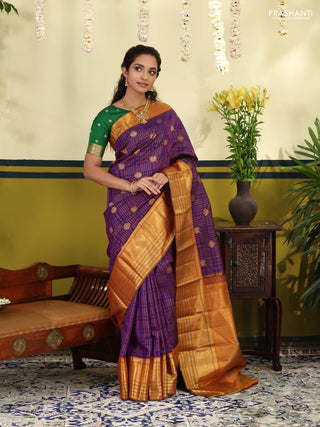 Purple-Orange Pure Kanchipuram Silk Saree With Allover zari checks & buttas and zari border