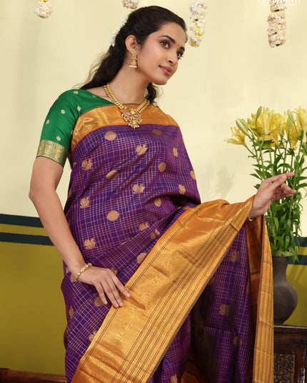 Purple-Orange Pure Kanchipuram Silk Saree With Allover zari checks & buttas and zari border