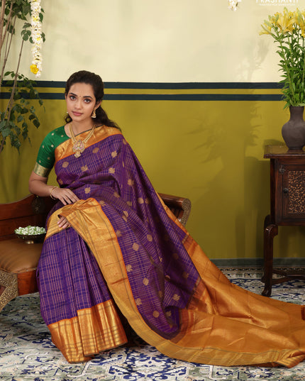 Purple-Orange Pure Kanchipuram Silk Saree With Allover zari checks & buttas and zari border