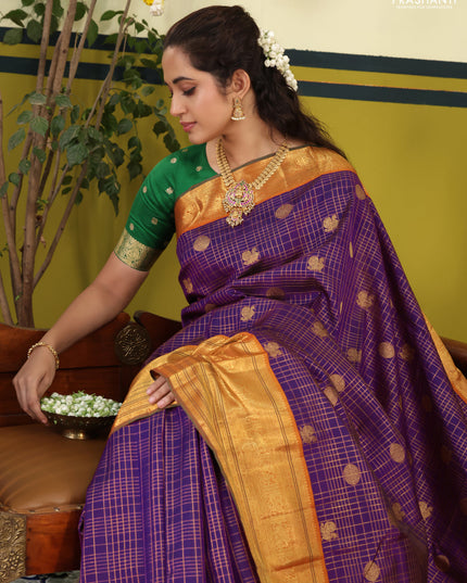 Purple-Orange Pure Kanchipuram Silk Saree With Allover zari checks & buttas and zari border