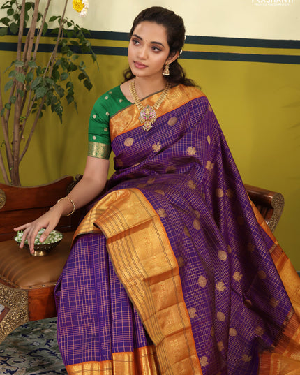 Purple-Orange Pure Kanchipuram Silk Saree With Allover zari checks & buttas and zari border
