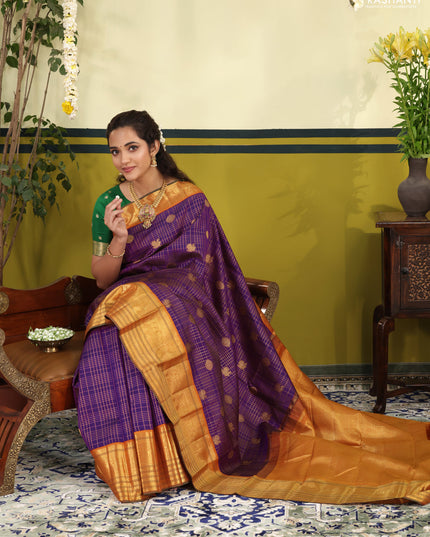 Purple-Orange Pure Kanchipuram Silk Saree With Allover zari checks & buttas and zari border