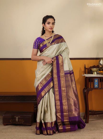 Beige-Purple Pure Kanchipuram Silk Saree with Allover zari checks & buttas and Rettapet zari woven border