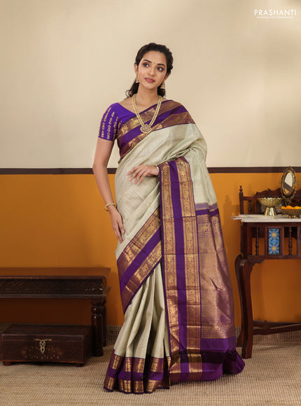 Beige-Purple Pure Kanchipuram Silk Saree with Allover zari checks & buttas and Rettapet zari woven border