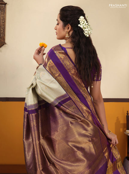 Beige-Purple Pure Kanchipuram Silk Saree with Allover zari checks & buttas and Rettapet zari woven border