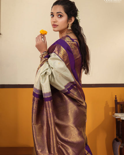 Pista Green-Purple Pure Kanchipuram Silk Saree with Allover zari checks & buttas and Rettapet zari woven border