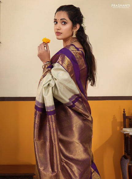 Beige-Purple Pure Kanchipuram Silk Saree with Allover zari checks & buttas and Rettapet zari woven border