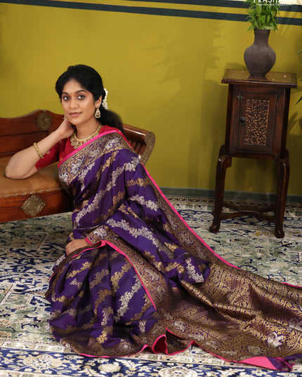 Violet-Pink Pure Kanchipuram silk saree with allover silver & gold zari weaves & piping border