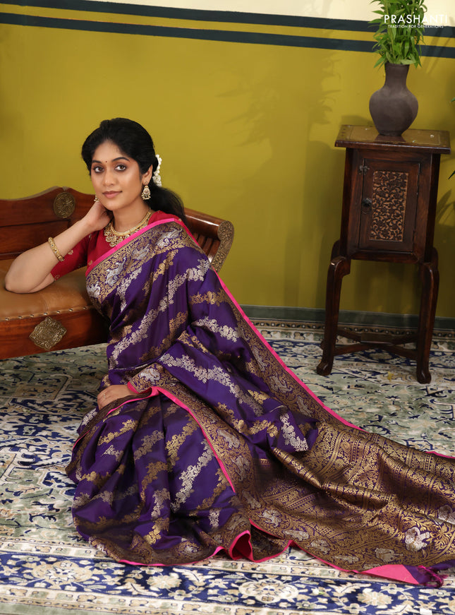 Violet-Pink Pure Kanchipuram silk saree with allover silver & gold zari weaves & piping border