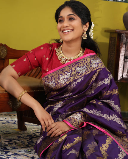 Violet-Pink Pure Kanchipuram silk saree with allover silver & gold zari weaves & piping border