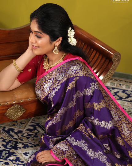 Violet-Pink Pure Kanchipuram silk saree with allover silver & gold zari weaves & piping border