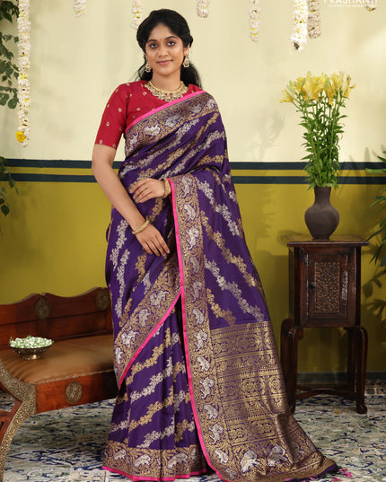 Violet-Pink Pure Kanchipuram silk saree with allover silver & gold zari weaves & piping border