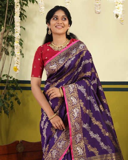 Violet-Pink Pure Kanchipuram silk saree with allover silver & gold zari weaves & piping border