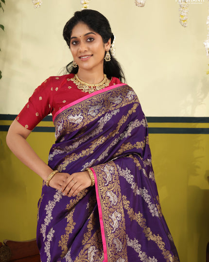 Violet-Pink Pure Kanchipuram silk saree with allover silver & gold zari weaves & piping border