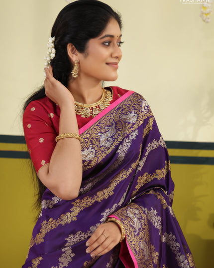 Violet-Pink Pure Kanchipuram silk saree with allover silver & gold zari weaves & piping border