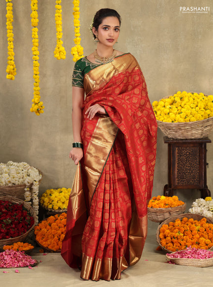 Red Pure kanchipuram silk saree with allover zari checks & annam buttas and zari woven border