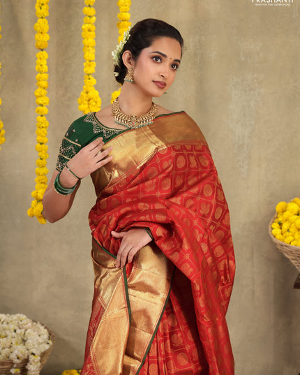 Red Pure kanchipuram silk saree with allover zari checks & annam buttas and zari woven border