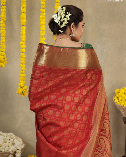Red Pure kanchipuram silk saree with allover zari checks & annam buttas and zari woven border