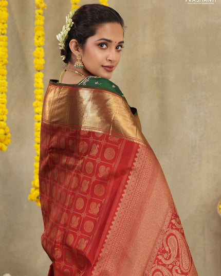 Red Pure kanchipuram silk saree with allover zari checks & annam buttas and zari woven border