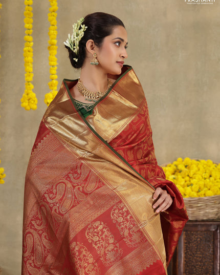 Red Pure kanchipuram silk saree with allover zari checks & annam buttas and zari woven border