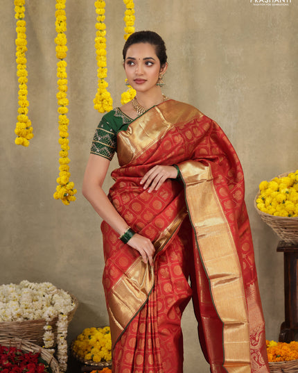 Red Pure kanchipuram silk saree with allover zari checks & annam buttas and zari woven border