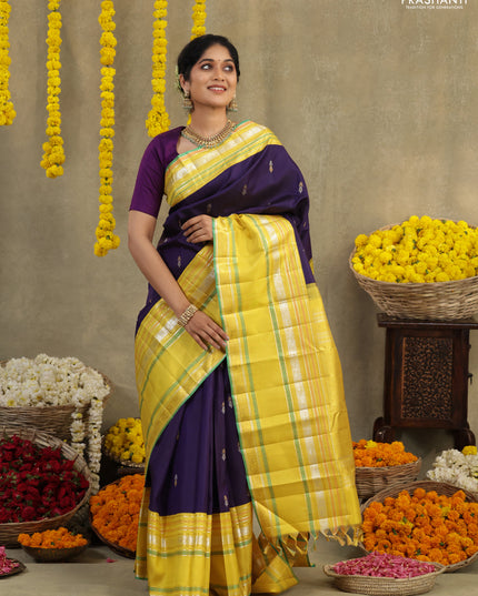 Blue-Yellow Pure Kanchipuram silk saree with zari woven buttas & long zari woven border