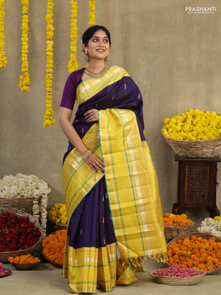 Blue-Yellow Pure Kanchipuram silk saree with zari woven buttas & long zari woven border