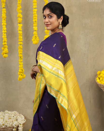 Blue-Yellow Pure Kanchipuram silk saree with zari woven buttas & long zari woven border