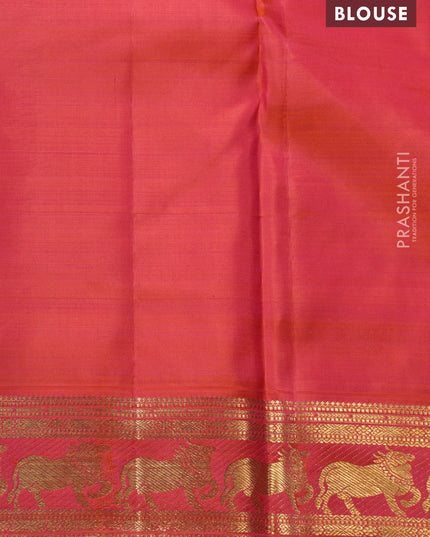 Blue-Dual shade of pinkish orange pure kanchipuram silk saree with zari woven buttas & zari woven border