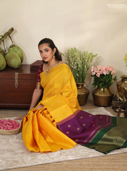 Mustard yellow-Purple pure kanchipuram silk saree with zari woven buttas & in borderless style