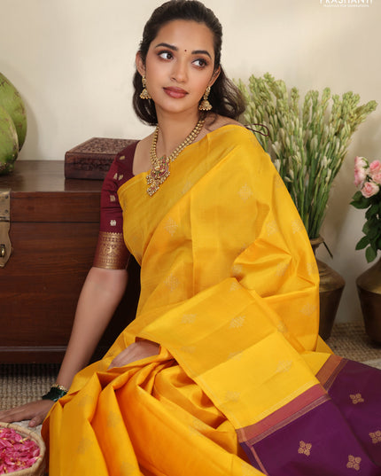 Mustard yellow-Purple pure kanchipuram silk saree with zari woven buttas & in borderless style