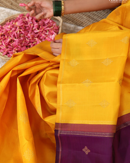 Mustard yellow-Purple pure kanchipuram silk saree with zari woven buttas & in borderless style
