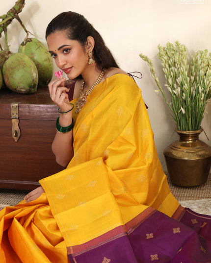 Mustard yellow-Purple pure kanchipuram silk saree with zari woven buttas & in borderless style