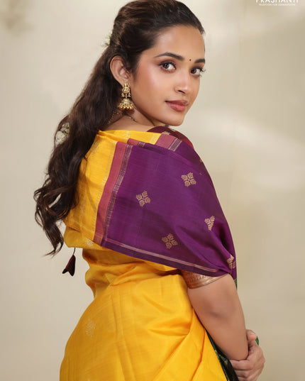 Mustard yellow-Purple pure kanchipuram silk saree with zari woven buttas & in borderless style