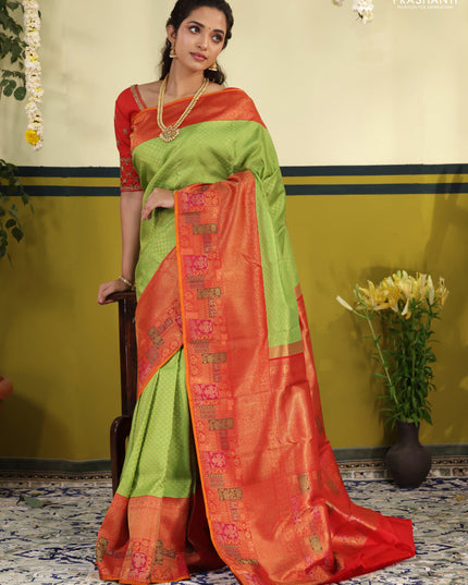Light Green-Red pure kanchipuram silk saree with allover zari woven brocade weaves & long zari woven border