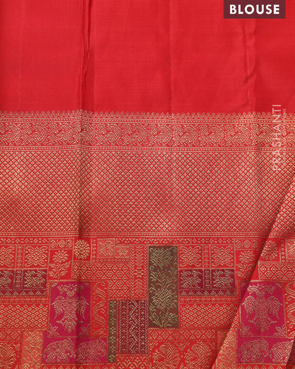 Light Green-Red pure kanchipuram silk saree with allover zari woven brocade weaves & long zari woven border