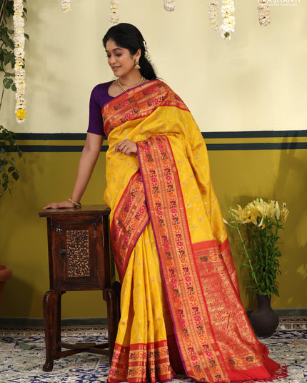 Yellow-Red Pure kanchipuram silk saree with silver & gold zari woven buttas & paithani style border