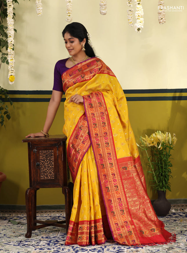Yellow-Red Pure kanchipuram silk saree with silver & gold zari woven buttas & paithani style border