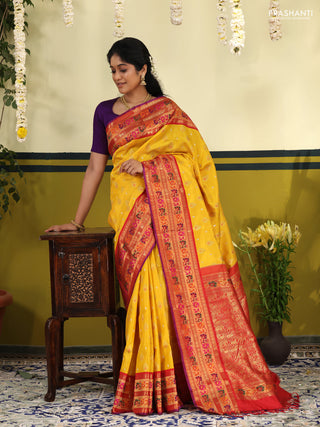 Yellow-Red Pure kanchipuram silk saree with silver & gold zari woven buttas & paithani style border