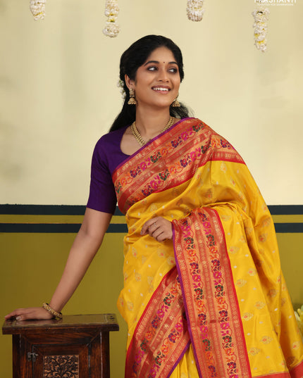 Yellow-Red Pure kanchipuram silk saree with silver & gold zari woven buttas & paithani style border