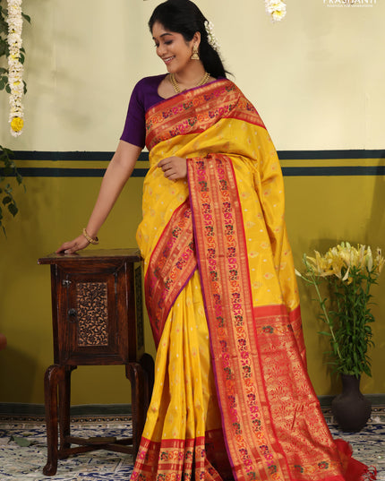 Yellow-Red Pure kanchipuram silk saree with silver & gold zari woven buttas & paithani style border