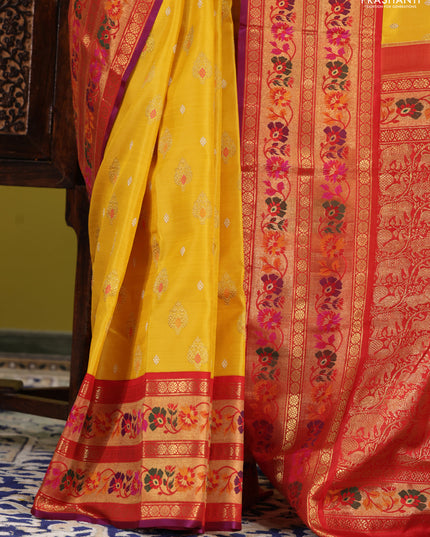 Yellow-Red Pure kanchipuram silk saree with silver & gold zari woven buttas & paithani style border
