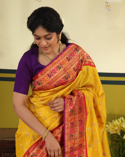 Yellow-Red Pure kanchipuram silk saree with silver & gold zari woven buttas & paithani style border