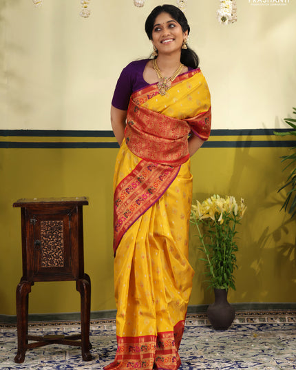 Yellow-Red Pure kanchipuram silk saree with silver & gold zari woven buttas & paithani style border