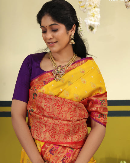 Yellow-Red Pure kanchipuram silk saree with silver & gold zari woven buttas & paithani style border
