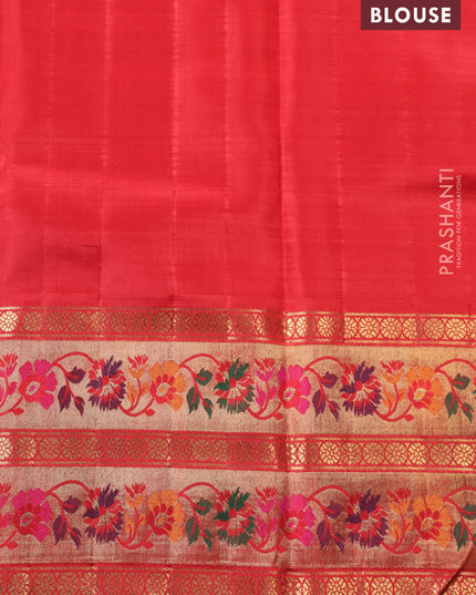 Yellow-Red Pure kanchipuram silk saree with silver & gold zari woven buttas & paithani style border